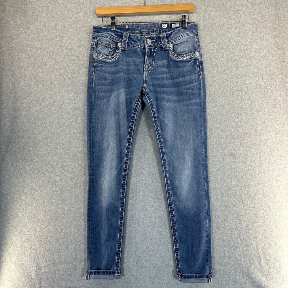Miss Me Jeans Embellished Rhinestone Pocket Denim Low Rise Glam Womens Size 27